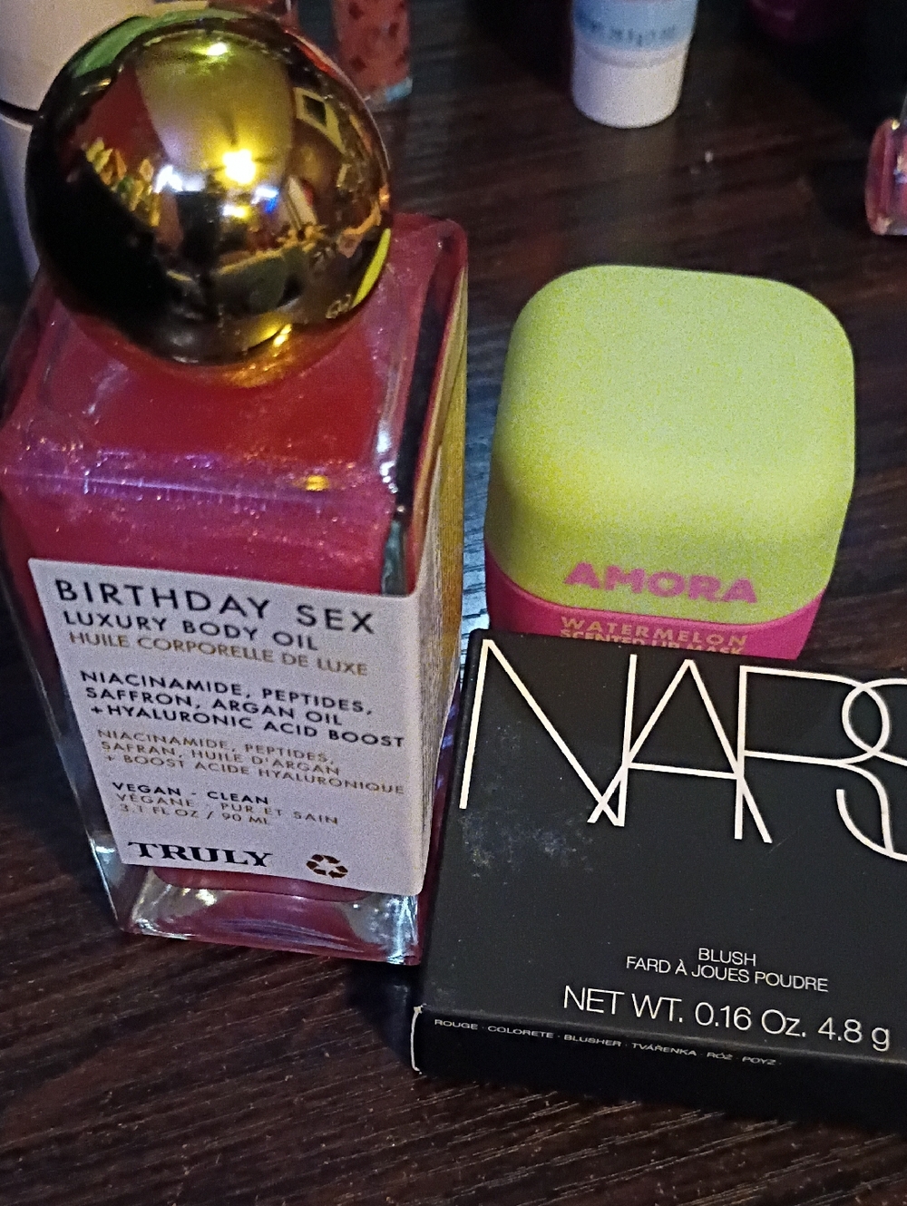 Truly "Birthday Sex" Luxury Body Oil + Amora Watermelon Balm & NARS Blush Trio